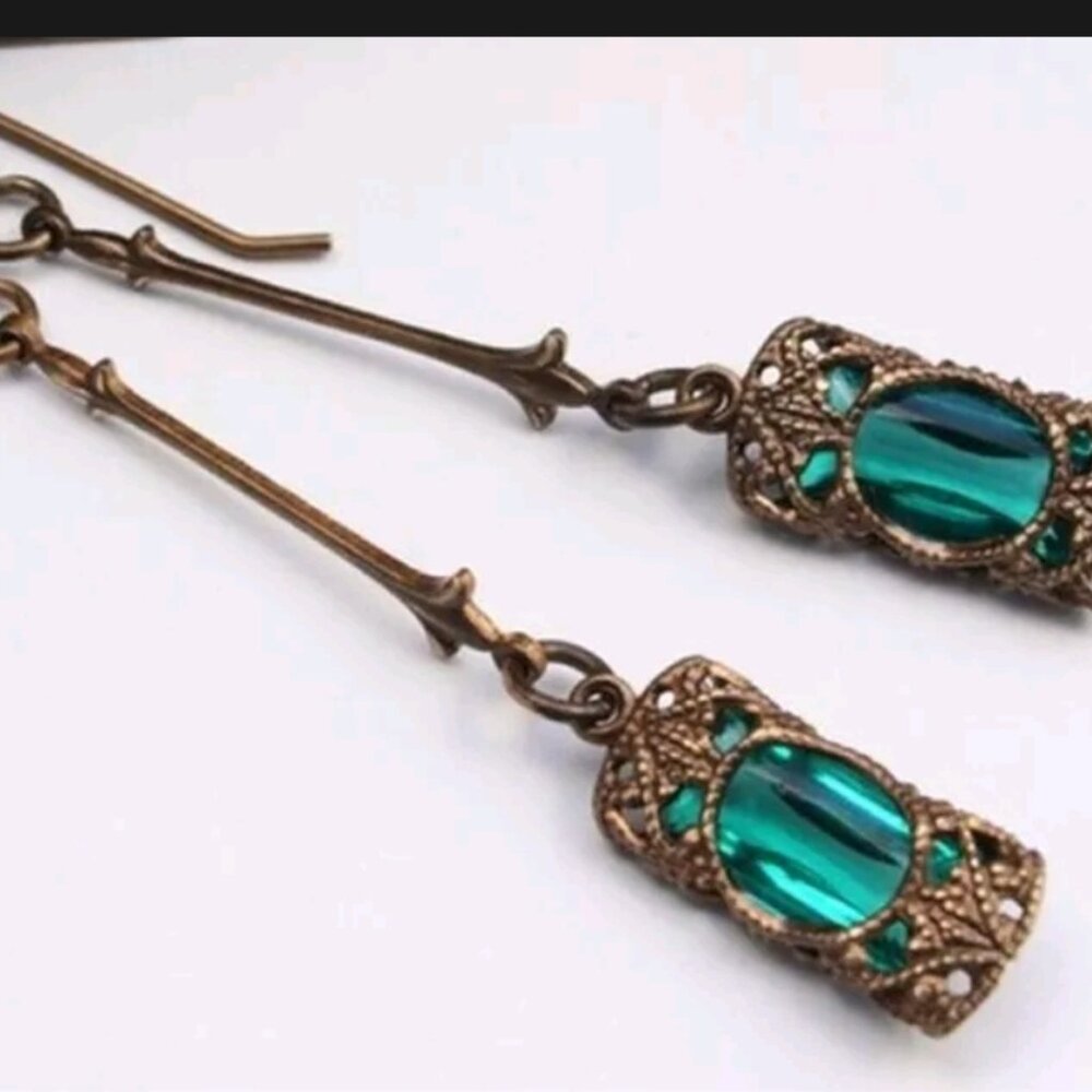 Womens Antique Gold Cage with Light Blue Green Encased CZ Stones Earrings